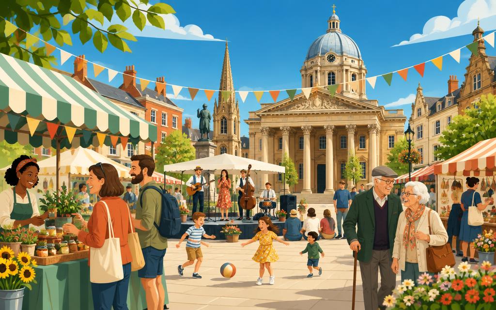 Artist's impression of a community event with stalls and live music on Northampton's Market Square