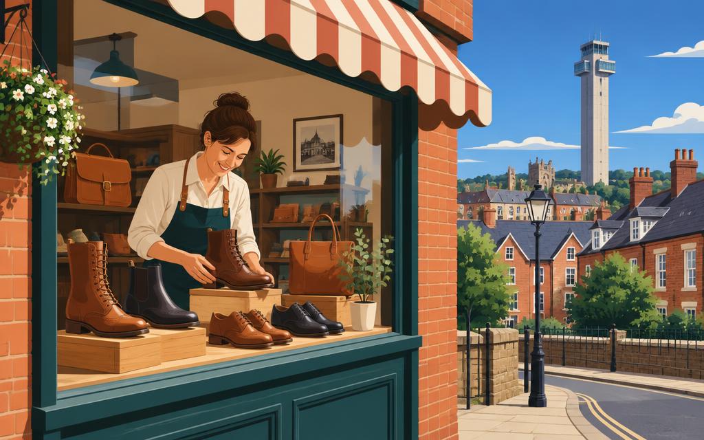 Artist's impression of a Northampton shoe shop owner arranging a window display, with the National Lift Tower on the skyline