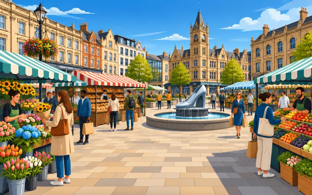 Artist's impression of shoppers and market stalls around the shoe-inspired water feature on Northampton's Market Square